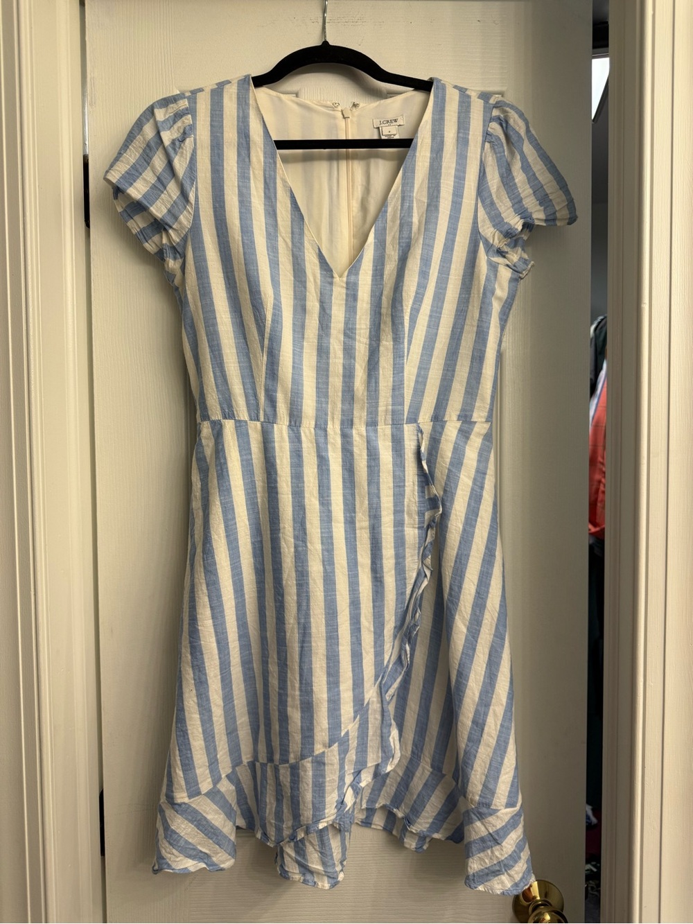 Light Blue & White Striped V-Neck Faux Wrap Dress